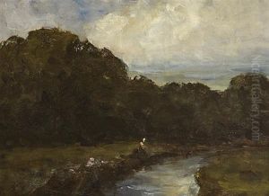 A Fisherman On A Wooded River Bank