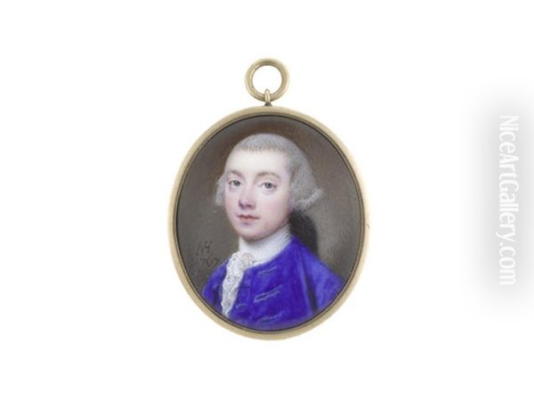A Gentleman, Wearing Blue Coat, White Chemise, Frilled Lace Cravat And Stock, His Powdered Wig Worn En Queue And Tied With Black Ribbon - view 1