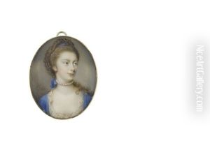 A Lady, Wearing Blue Dress With White Lace Trim, Her Pearl Choker Secured With Matching Blue Ribbon Behind Her Neck, Her Long Fair Hair Partially Upswept And Falling Over Her Left Shoulder