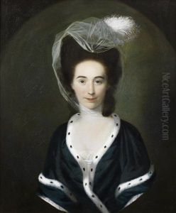 Portrait Of A Lady, Half-length, In A Green Dress And A Fur-trimmed Shawl, Within A Painted Oval