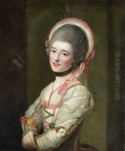 Portrait Of La Signora (anna) Zamperini In The Character Of Cecchina In La Buona Figliuola, Three-quarter Length, In A White And Pink Dress And Bonnet by Nathaniel Hone