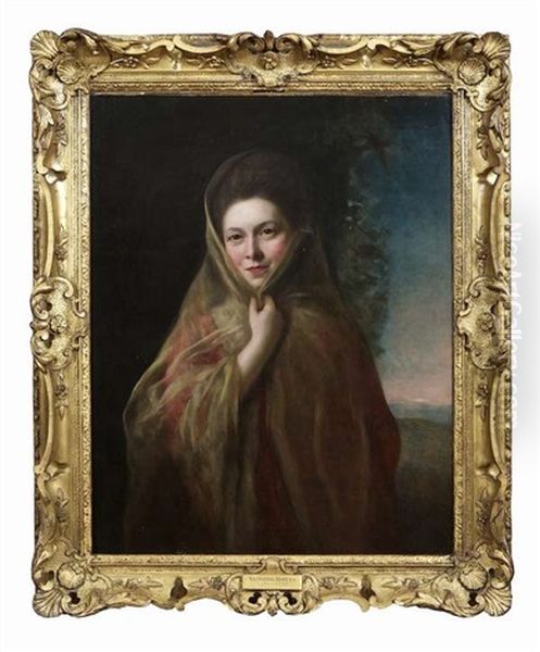 Half-length Portrait Of A Lady, Wearing A Shawl, Sunset Landscape In The Distance - view 1