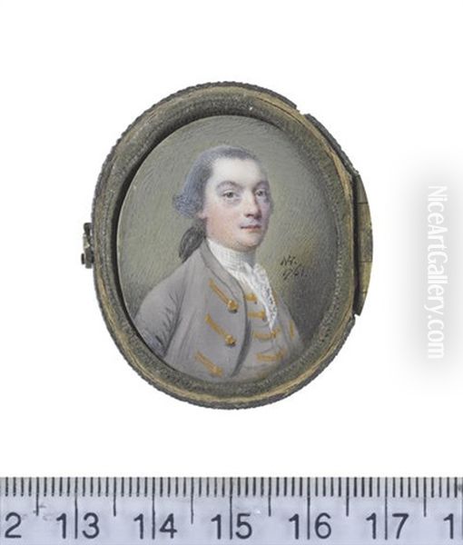 A Gentleman, Wearing Mauve Coat And Waistcoat With Gold Lace And Buttons To Each, White Frilled Lace Chemise And White Stock, His Powdered Hair Worn... - view 1