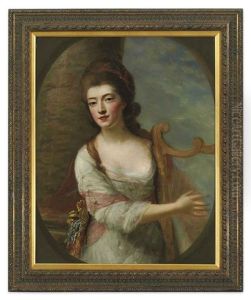 Portrait Of A Lady In A White Dress, Playing A Harp, Standing By A Column In A Landscape