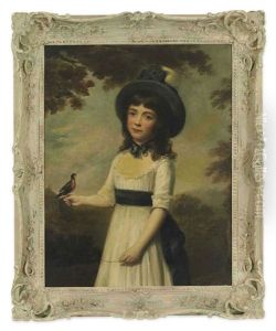 Portrait Of Miss Gardner In A White Dress With A Blue Sash And A Hat, A Bird On A String Perched On Her Right Hand, A Bird Cage To Her Side, In A Landscape