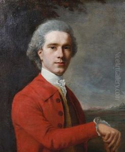 Portrait Of A Gentleman In A Red Overcoat, Standing Before An Open Landscape