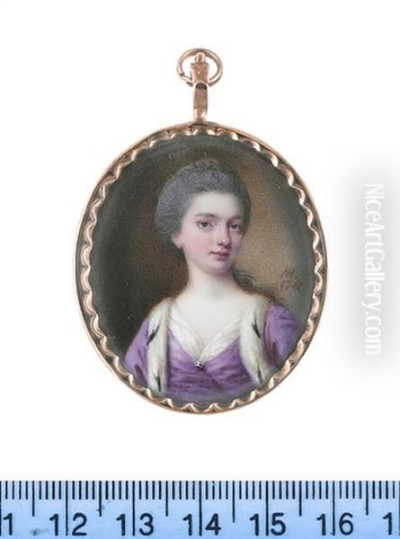 A Lady, Wearing Mauve Dress And Mauve Ermine Trimmed Robe, White Chemise, A Silver Brooch At Her Corsage, Her Powdered Hair Upswept And Braided - view 1