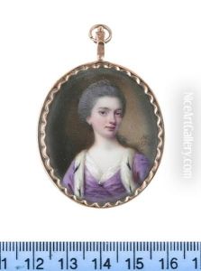 A Lady, Wearing Mauve Dress And Mauve Ermine Trimmed Robe, White Chemise, A Silver Brooch At Her Corsage, Her Powdered Hair Upswept And Braided