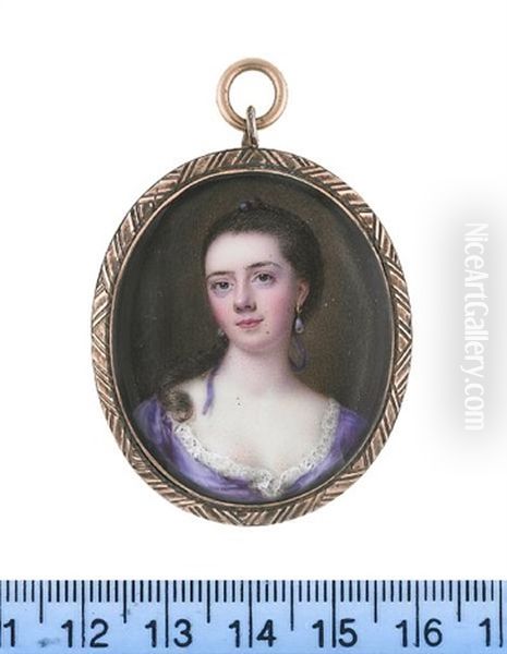 A Lady, Wearing Violet Dress With White Lace Slip, Her Hair Upswept And Tied With A Violet Ribbon, Pearl Pendent Earrings - view 1