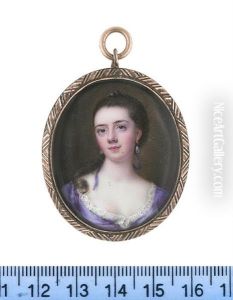 A Lady, Wearing Violet Dress With White Lace Slip, Her Hair Upswept And Tied With A Violet Ribbon, Pearl Pendent Earrings