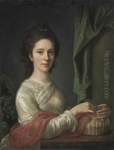 Portrait Of A Lady, In A White Dress With A Red Shawl, Seated At A Table, With A Basket And Thread, A Column And Draped Curtain Beyond - view 1