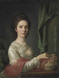 Portrait Of A Lady, In A White Dress With A Red Shawl, Seated At A Table, With A Basket And Thread, A Column And Draped Curtain Beyond