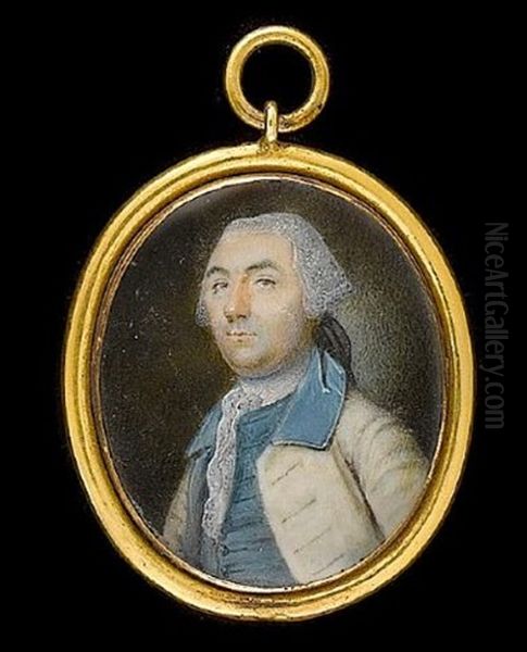 A Gentleman, Wearing White Coat With Blue Collar Over Blue Waistcoat With Frilled White Cravat, His Powdered Hair Worn En Queue - view 1