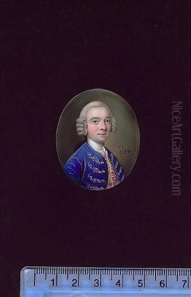 Spencer Young Of Poole, Wearing Blue Coat With Gold Embroidered Button Holes, Crimson Waistcoat With Gold And Blue Decoration, White Lace Cravat And Powdered Wig With A Black Ribbon Bow - view 1