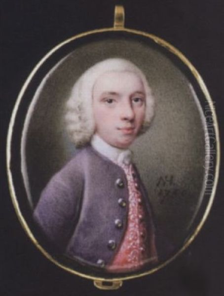 A Gentleman, Wearing Mauve Coat With Silver Buttons, Bright Pink Waistcoat Embroidered With White, Lace Cravat And Powdered Wig - view 1