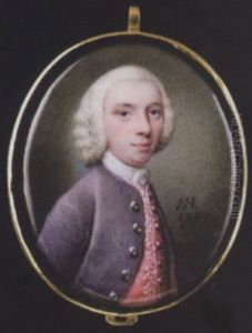 A Gentleman, Wearing Mauve Coat With Silver Buttons, Bright Pink Waistcoat Embroidered With White, Lace Cravat And Powdered Wig
