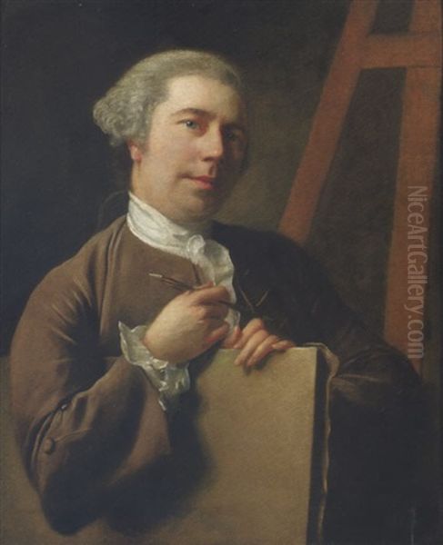 Portrait Of The Artist In A Brown Coat, Holding A Canvas With A Pen In His Right Hand, An Easel In The Background - view 1