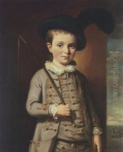 Portrait Of A Young Boy (master Ridley?) In A Grey Suit With Gold Braid And A Feathered Hat, Holding A Riding Whip, In An Interior With The Sea Beyond by Nathaniel Hone