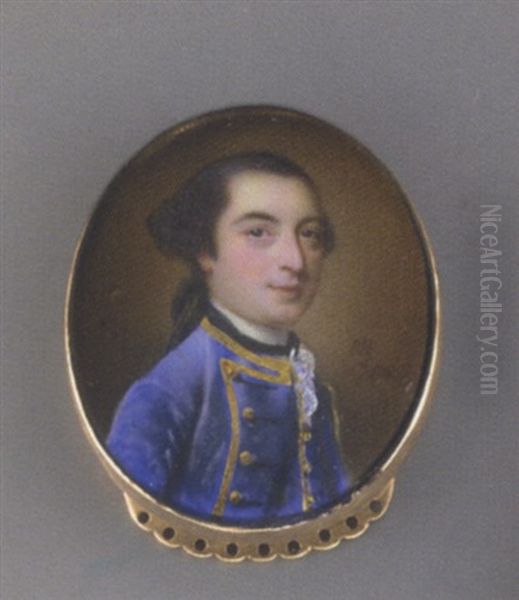 A Gentleman (john, 7th Earl Of Galloway?) In A Twisted Gold Bordered White Coat And Waistcoat, Lace Cravat And Black Stock, Powdered Hair En Queue - view 1