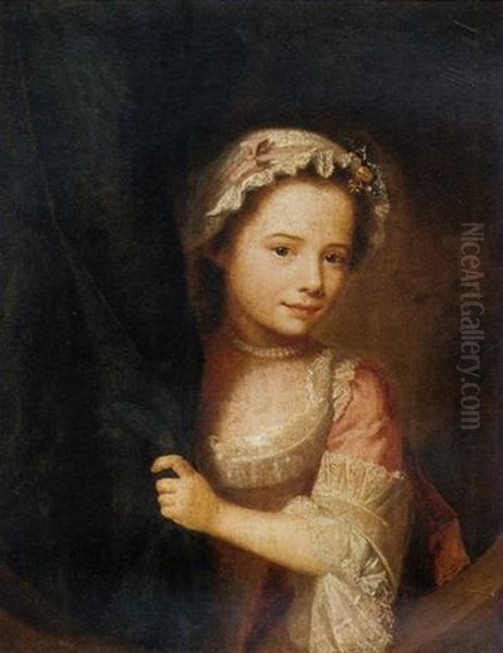 Portrait Of A Young Girl In A Pink Dress, A White Lace Cap And A Pearl Necklace, Peering From Behind A Green Curtain - view 1