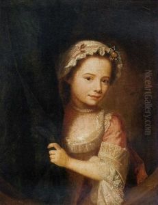 Portrait Of A Young Girl In A Pink Dress, A White Lace Cap And A Pearl Necklace, Peering From Behind A Green Curtain by Nathaniel Hone