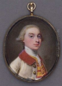 A Young Gentleman In White And Red Velvet Coat With Gold Buttons, Gold Embroidered Red Waistcoat, Lace Cravat, Powdered Hair En Queue