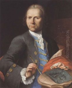 Portrait Of An Artist Wearing A Blue Waistcoat With Dark Blue Coat, Holding A Sketch
