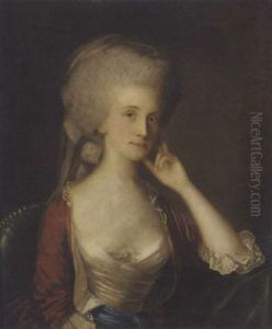 Portrait Of A Lady In A White And Red Dress With Lace Cuffs And Blue Sash