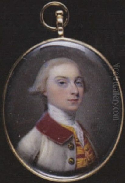 A Gentleman Wearing White Coat With Crimson Collar And Brass Buttons, Gold Figured Waistcoat, White Stock And Lace Cravat - view 1