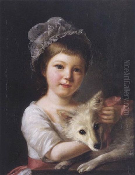 Portrait Of A Girl With Her Dog In A White Dress With A Pink Sash - view 1