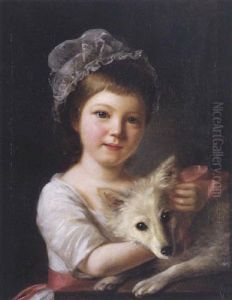 Portrait Of A Girl With Her Dog In A White Dress With A Pink Sash Portrait Of A Girl With Her Dog In A White Dress With A Pink Sash