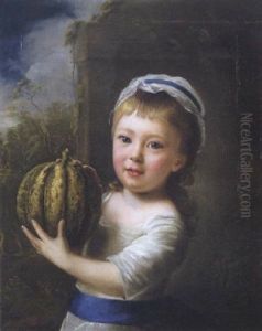 Portrait Of A Girl Holding A Melon In A White Dress With A Blue Sash