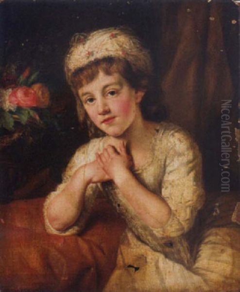 Portrait Of A Girl In A White Dress And White Headdress Decorated With Flowers, Roses In An Urn Beyond - view 1
