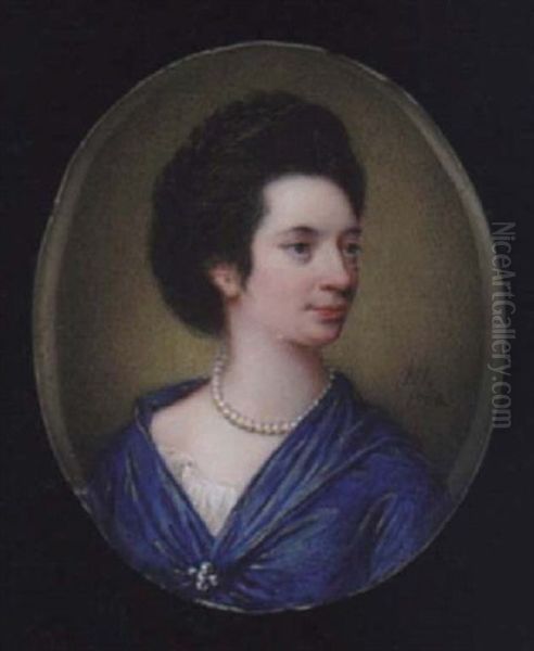 A Lady, Her Dark Hair In A Plait, Wearing Decollete Bright Blue Dress With White Underslip, Brooch At Her Corsage And Pearl Necklace - view 1