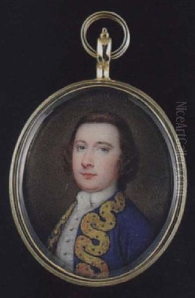 A Young Gentleman With Short Natural Hair, Wearing Gold Figured Royal Blue Coat, White Waistcoat And Tied Cravat - view 1
