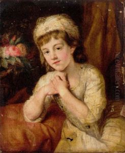 Portrait Of A Seated Girl In A White Dress And White Headdress Decorated With Flowers, Roses In A Urn Beyond by Nathaniel Hone