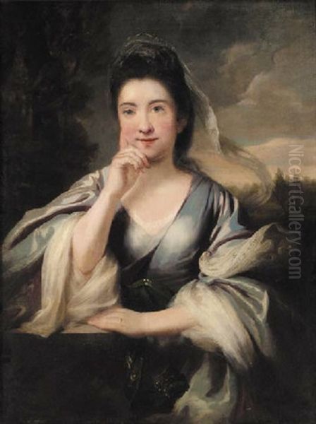 Portrait Of A Young Lady Wearing A Blue Dress With Flounced Sleeves And A Headdress - view 1