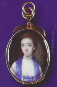 A Lady, Wearing A Dress, Trimmed With Blue Fur, White Underslip With Blue Ribbons And Pearl Choker by Nathaniel Hone