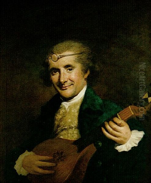 Portrait Of A Gentleman Playing A Mandolin Wearing A Blue Coat And A White Lace Jabot, His Spectacles On His Head - view 1
