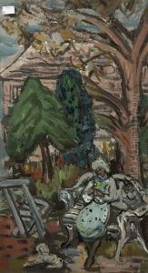 Spring Day, Garden Scene Depicting A Lady Seated On A Cast Iron Garden Bench With Dog At Her Feet
