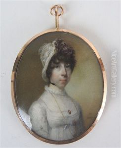 Portrait Miniature Of A Lady Wearing A White Dress And Lace Bonnet With A Long Gold Chain Suspended From Her Neck