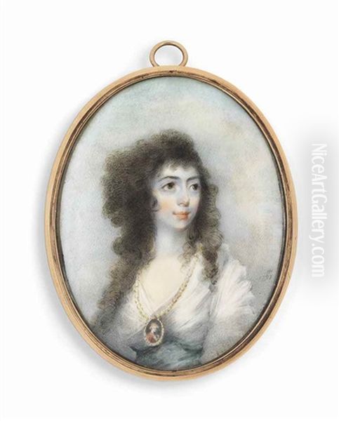 A Young Lady Called Susanna Home, In White Dress, Wearing A Portrait Miniature Of A Gentleman Suspended From A Pearl Necklace, Long, Dark Curling Hair; Sky Background - view 1