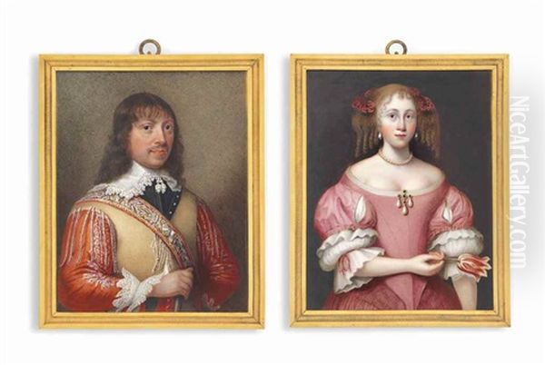 A Pair Of Miniatures: Sir Thomas Beaumont And His Daughter Sarah: He, In Buff Coat, Embroidered Cross-belt, Red Sleeves, Lace Trimmed Collar And Cuffs; She, Holding A Red Tulip In Her Right Hand, In Red Dress With Slashed Sleeves To Reveal White Underdres - view 1