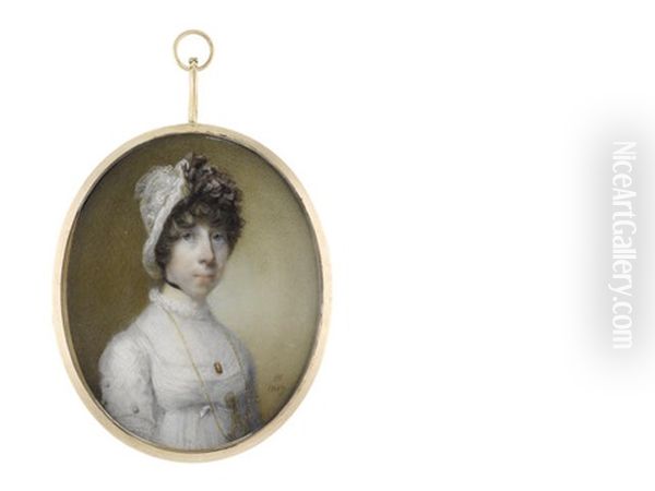 A Lady, Wearing White Dress With Lace Trim And Fill-in With Frilled Collar, Her Gold Monocle On A Long Gold Chain Suspended From Her Neck And Secured Beneath Her Bust - view 1
