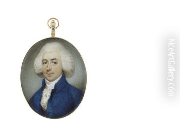 A Gentleman, Wearing Blue Coat And Matching Waistcoat, White Chemise, Stock And Lace Cravat, His Wig Powdered - view 1