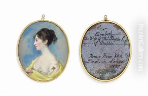 Elizabeth Prentice, In Profile, In Decollete White Dress And Yellow Stole, Pearl-set Gold Brooch On Her Left Sleeve, Upswept Dark Brown Curling Hair