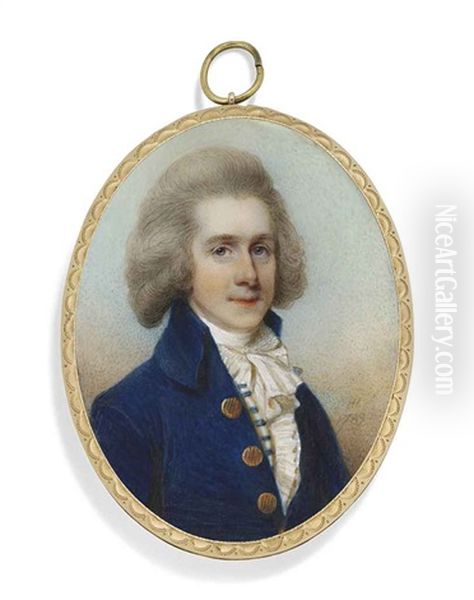 A Young Gentleman, In Blue Coat With Brass Buttons, Blue And White Striped Waistcoat, Frilled White Cravat With Pleated Jabot, Grey-powdered Wig, Sky Background - view 1