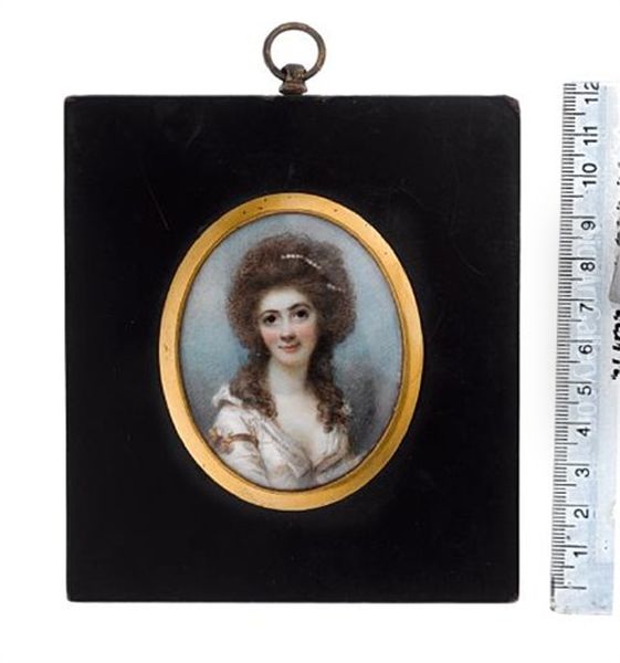 Frances Pery, Wearing White Dress, A Gold Ribbon And Rosette Tied High On Her Right Arm, Her Hair Worn A La Conseilleur And Dressed With A Strand Of Pearls - view 1