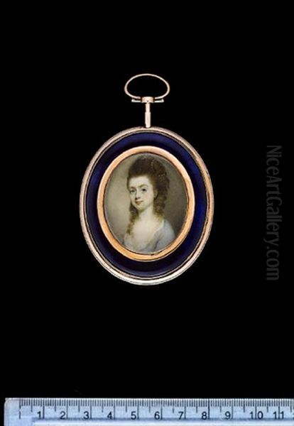 A Lady, Wearing Blue Dress Over White Smock, A Strand Of Pearls In Her Upswept And Curled Natural Hair - view 1