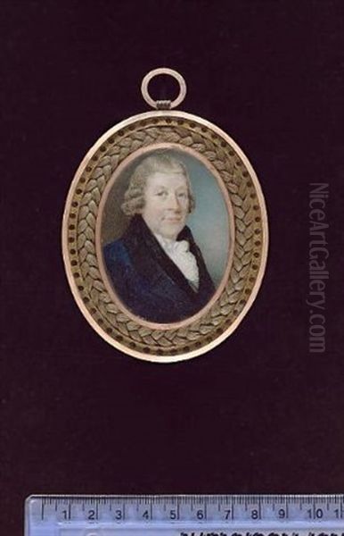 A Gentleman Wearing Blue Coat With Black Collar, Black Waistcoat, Frilled White Chemise And Tied Cravat - view 1